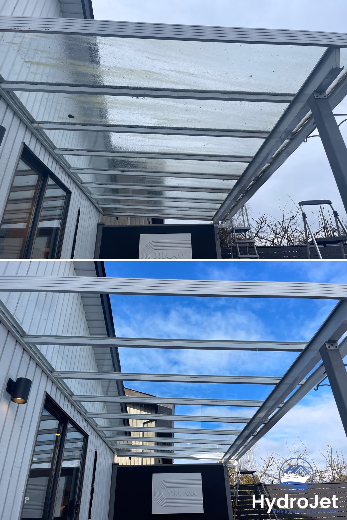 Before-and-after comparison of a patio cover cleaned by HydroJet