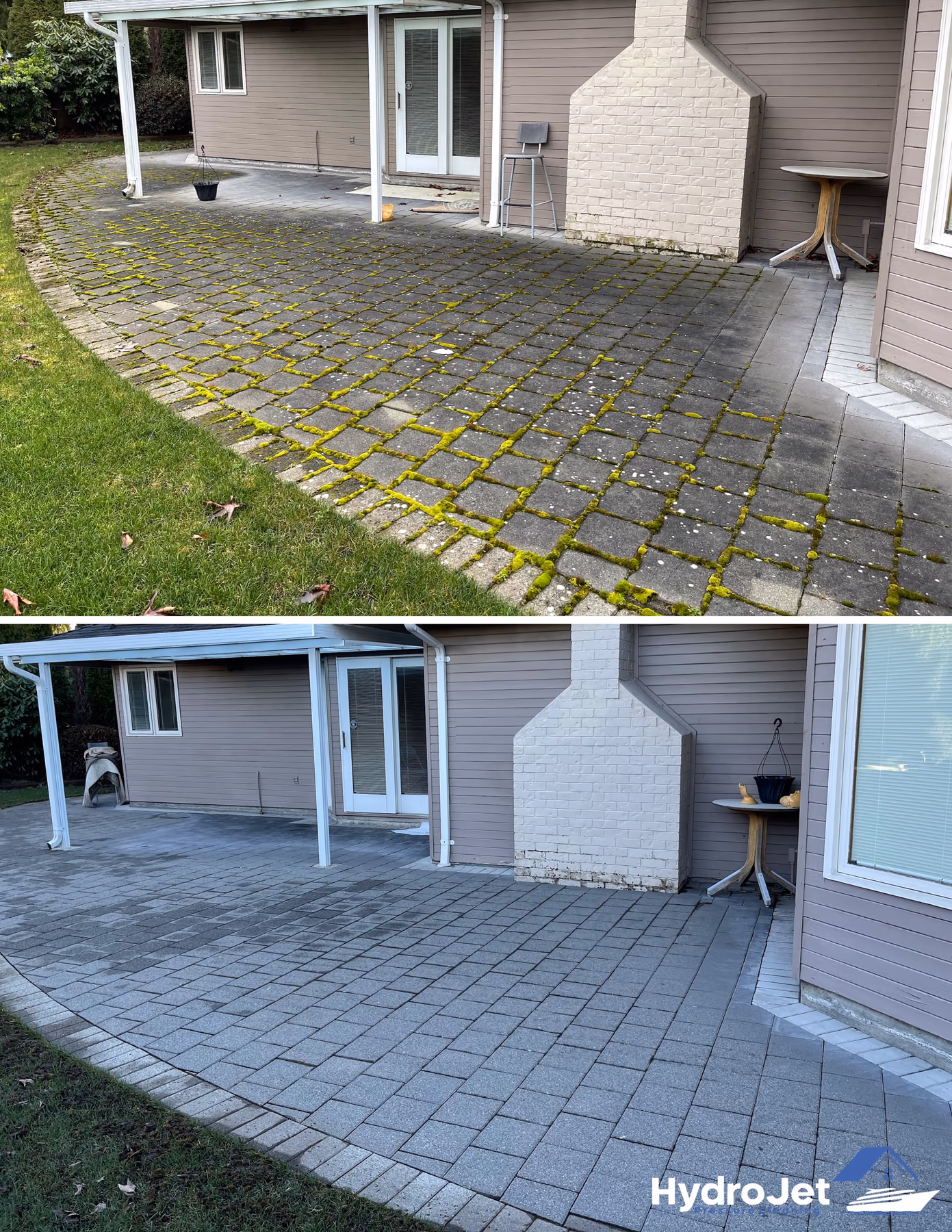 Before-and-after comparison of outdoor pavers cleaned by HydroJet